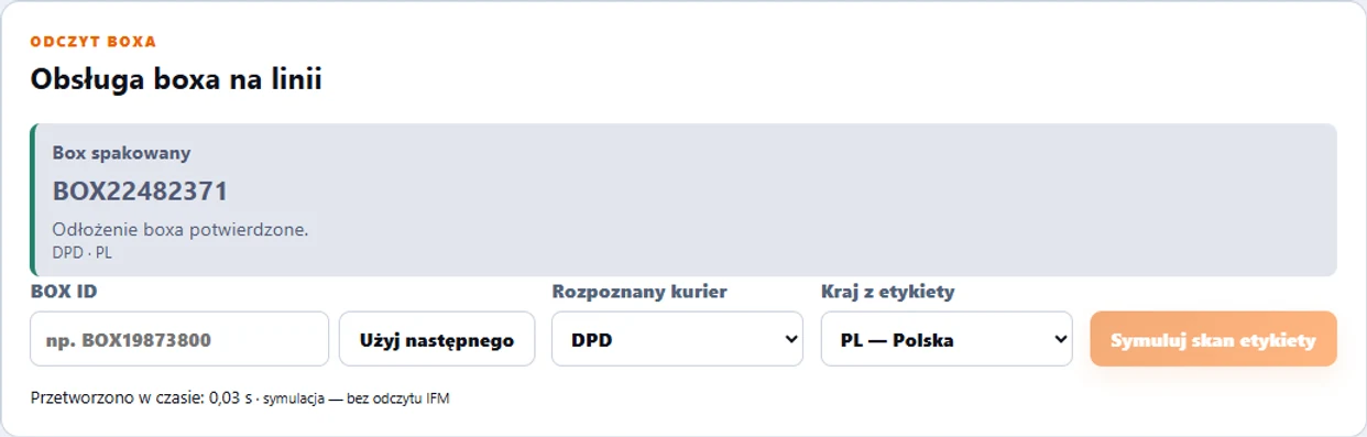 Panel obsługi kartonu w BoP: box spakowany, odłożenie potwierdzone, rozpoznany przewoźnik