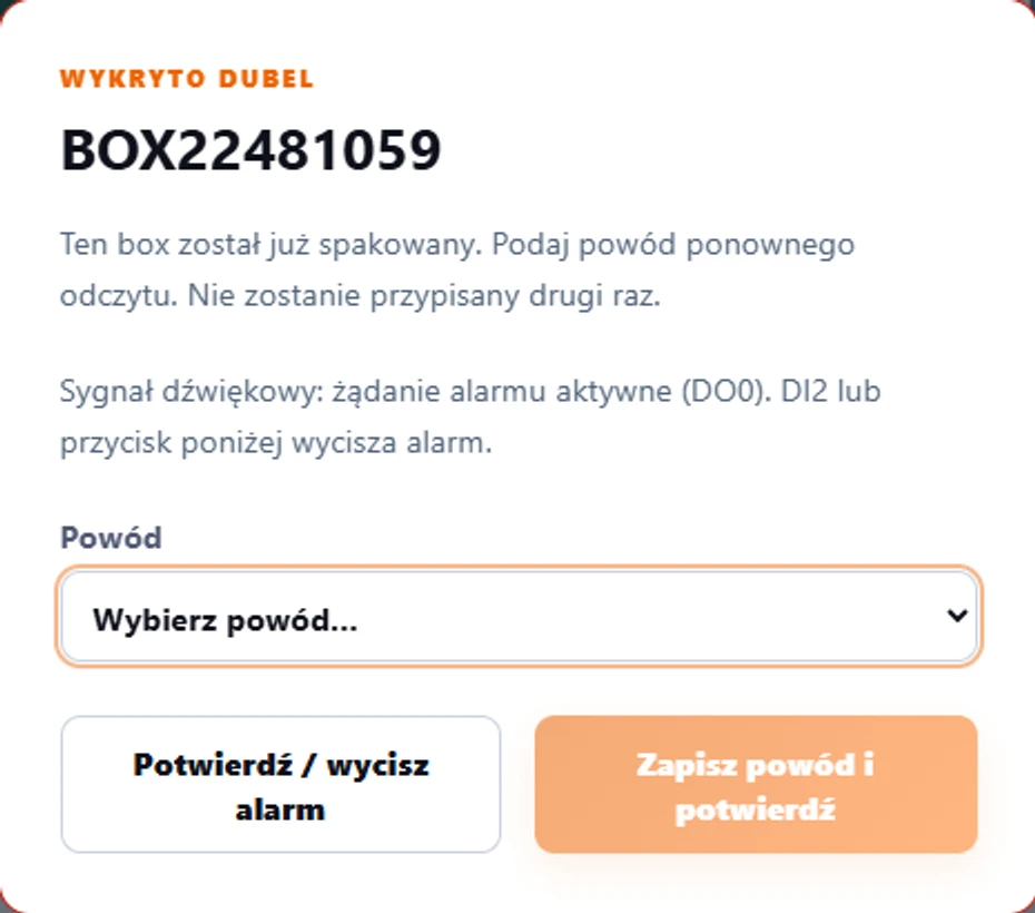 Komunikat BoP: wykryto dubel. Ten box został już spakowany i nie zostanie przypisany drugi raz. Operator wybiera powód ponownego odczytu.